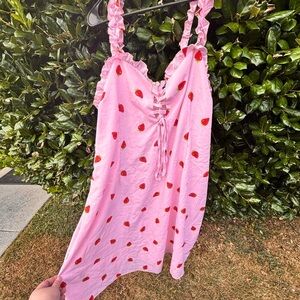 Pink and red strawberry silky print frill dress size 3x (shein)